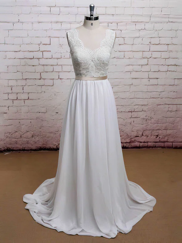 Sweetheart White Chiffon Lace with Sashes/Ribbons Sweep Train Open Back Wedding Dress #00021225