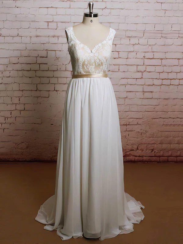 Multi Colours Chiffon Lace Sashes/Ribbons Sweep Train V-neck Ruffles New Wedding Dresses #00021227