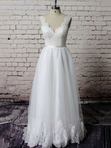 Luxurious White Organza Appliques Lace Princess V-neck Open Back Wedding Dresses #00021229