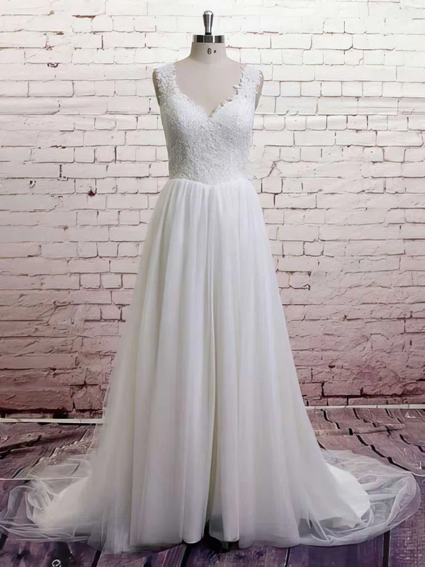 Ball Gown V-neck Lace Tulle Sweep Train Wedding Dresses #00021372