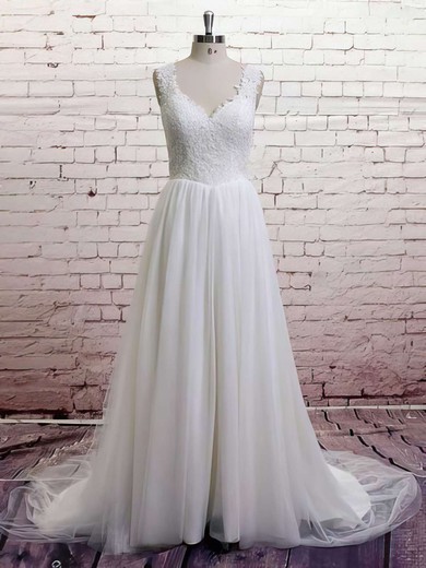 Ball Gown White Tulle Appliques Lace V-neck Graceful Wedding Dresses #00021372