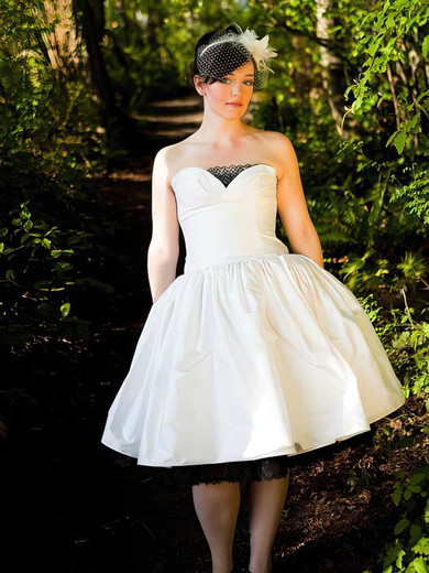 Strapless Ball Gown Ivory Lace Taffeta Covered Button Tea-length Wedding Dress #00021385