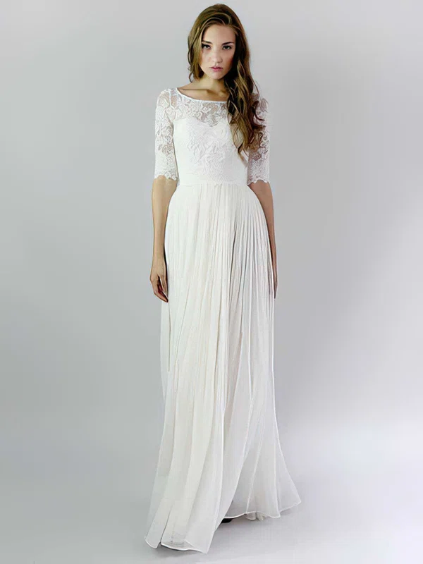 Fashion Ivory A-line Chiffon And Lace Ruffles Scoop Neck 1/2 Sleeve Wedding Dresses #00021392