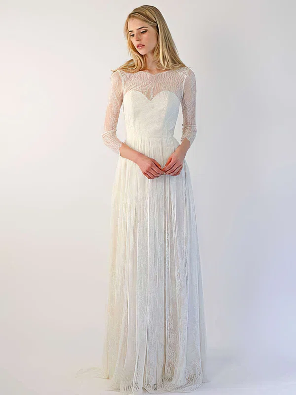 A-line Illusion Lace Sweep Train Wedding Dresses #00021394