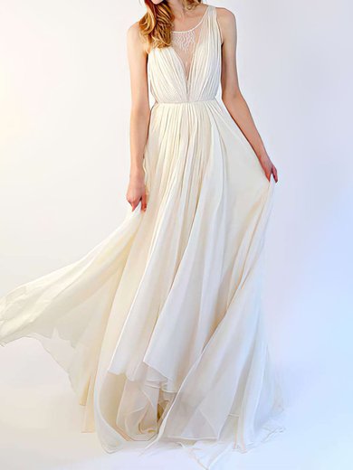 A-line Illusion Chiffon Tulle Sweep Train Wedding Dresses With Ruffles #00021395