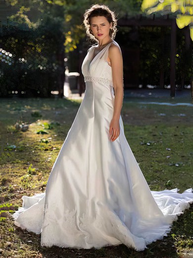 Ivory V-neck Satin Tulle And Lace Beading Best Chapel Train Wedding Dress #00021397