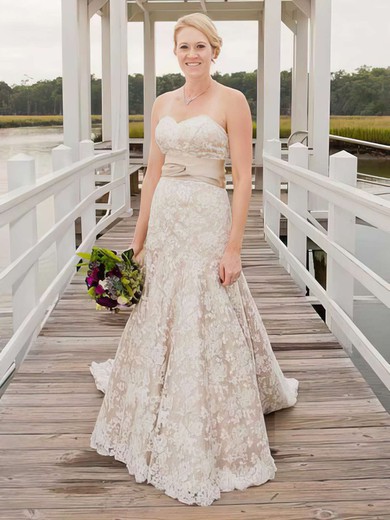 Lace Sweetheart And Sashes/Ribbons Champagne Unique Watteau Train Wedding Dresses #00021403