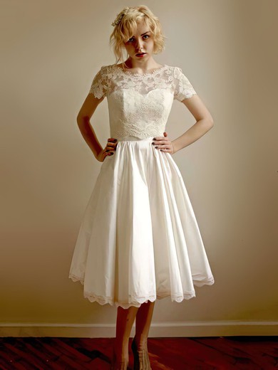 Ivory Taffeta Scoop Neck Tea-length Modest Lace Short Sleeve Wedding Dress #00021407