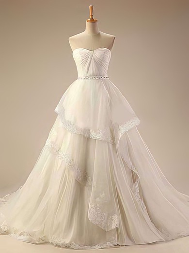 Sweetheart Pretty Ivory Tulle Appliques Lace Chapel Train Wedding Dresses #00021414