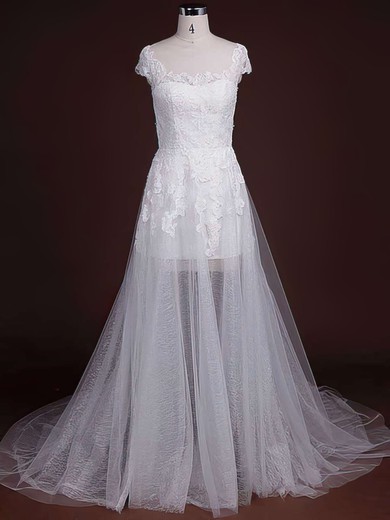 Scoop Neck Cap Straps Tulle with Appliques Lace White Court Train Pretty Wedding Dresses #00021244