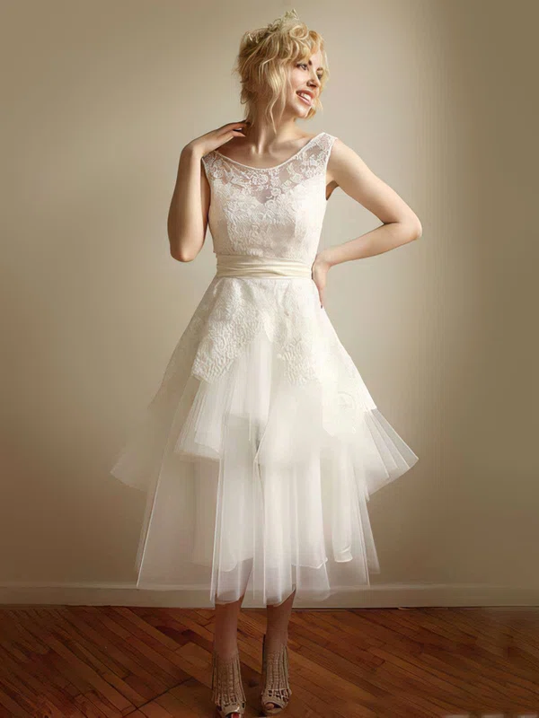 Ball Gown Illusion Lace Tulle Tea-length Wedding Dresses With Sashes / Ribbons #00021253