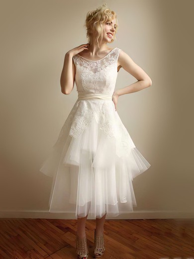 Best Scoop Neck Cascading Ruffles Tea-length Ivory Lace Tulle Wedding Dress #00021253