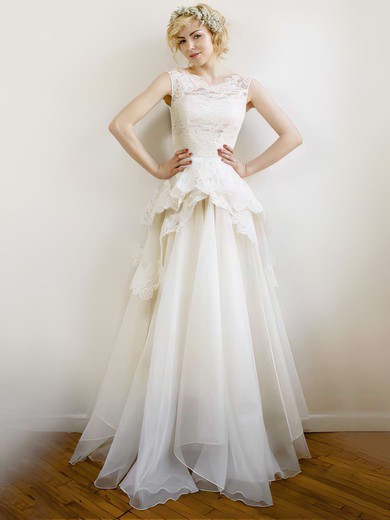 Modern Ivory Lace Organza V-neck Ruffles Floor-length Wedding Dresses #00021254