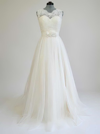 Sweep Train A-line Sashes / Ribbons Lace Tulle Cheap Scoop Neck Wedding Dress #00021269