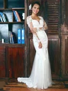 Trumpet/Mermaid V-neck Tulle Sweep Train Wedding Dresses With Appliques Lace #00021282
