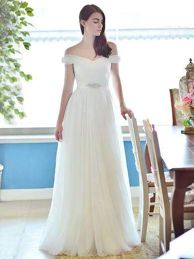 Ivory Tulle Straps With Sashes/Ribbons Elegant Off-the-shoulder Wedding Dress #00021284