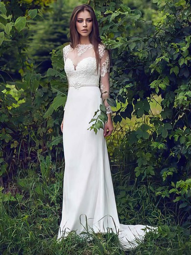 Classy Sheath/Column White Scoop Neck Chiffon Lace Long Sleeve Wedding Dresses #00021297