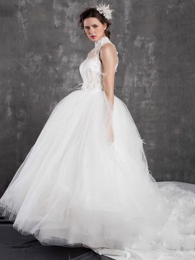 Stunning Ball Gown White Tulle Appliques And Feathers High Neck Wedding Dresses #00021299