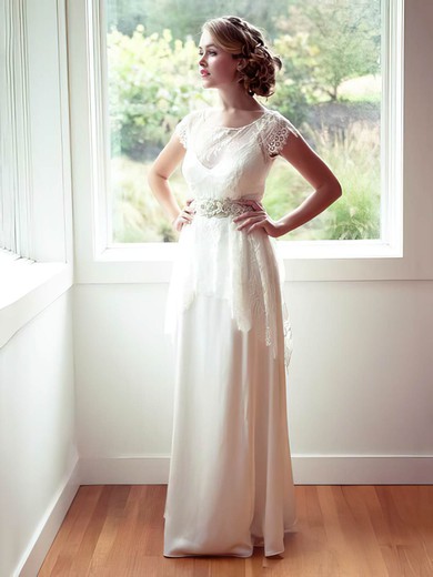 Scoop Neck Ivory Chiffon Lace With Cap Straps Nicest Wedding Dresses #00021315