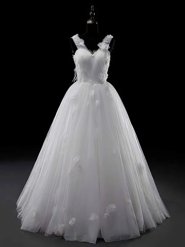 Modest Ball Gown V-neck Tulle Flower(s) Lace-up White Wedding Dresses #00021329