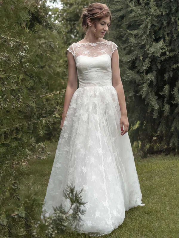 Ball Gown Illusion Lace Sweep Train Wedding Dresses With Flower(s) #00021349