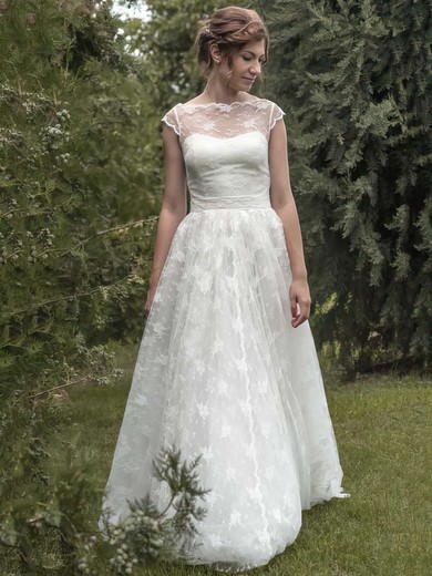 Elegant A-line Ivory Scoop Neck Sashes/Ribbons Lace Wedding Dresses #00021349