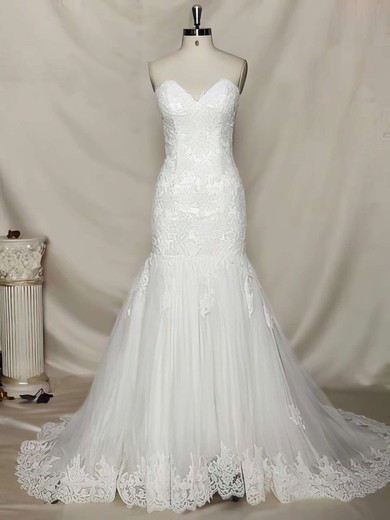 Fabulous Trumpet/Mermaid Lace Tulle Lace-up Appliques Lace Chapel Train Wedding Dress #00021356