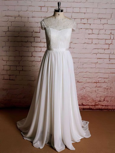 Sweep Train Scoop Neck Lace Chiffon Ruffles Cap Straps Ivory Wedding Dresses #00021357