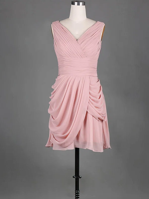 Short/Mini Pink Chiffon Pleats V-neck New Arrival Bridesmaid Dress #01012389