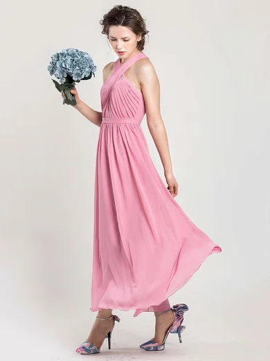 Pink Halter Chiffon Ruffles Noble Ankle-length Bridesmaid Dress #01012402