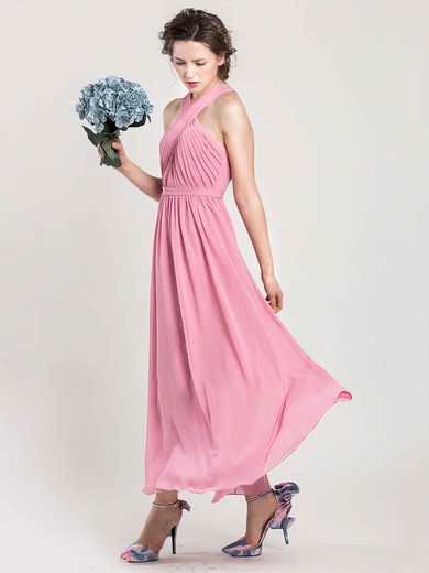 Pink Halter Chiffon Ruffles Noble Ankle-length Bridesmaid Dress #01012402