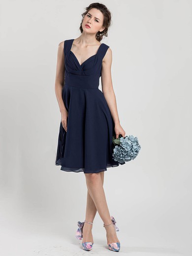 Classic Dark Navy V-neck Chiffon Ruffles Knee-length Bridesmaid Dress #01012403