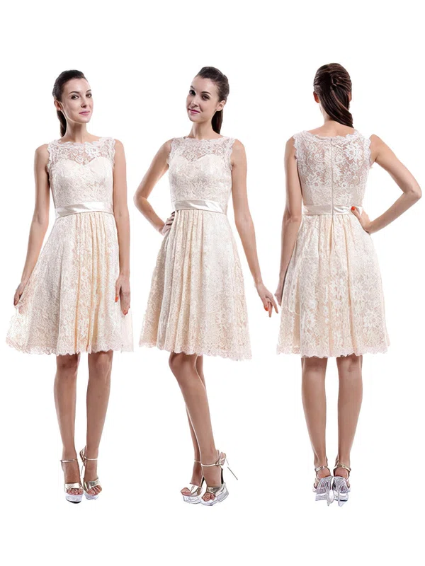 Fabulous Scoop Neck Knee-length Ivory Lace Sashes/Ribbons Bridesmaid Dress #01012422