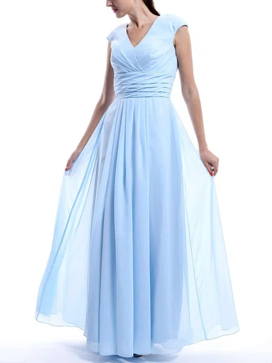 A-line Light Sky Blue Chiffon Cap Straps Ruffles V-neck Bridesmaid Dress #01012423