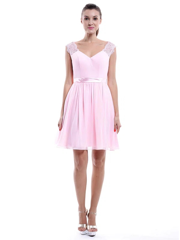 Wholesale Chiffon V-neck Lace Short/Mini Pearl Pink Bridesmaid Dress #01012424