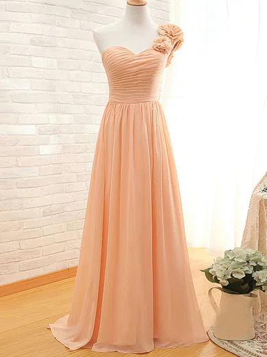 Lace-up One Shoulder Orange Chiffon with Flower(s) Sweep Train Bridesmaid Dress #01012434