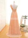 Lace-up One Shoulder Orange Chiffon with Flower(s) Sweep Train Bridesmaid Dress #01012434