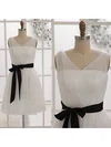 Short/Mini Ivory Tulle With Black Sashes/Ribbons V-neck Online Bridesmaid Dresses #01012452