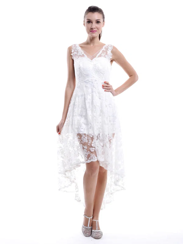 V-neck Lace Ruffles A-line High Low Unique Bridesmaid Dresses #01012456