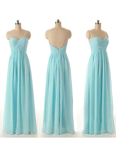 Blue V-neck Chiffon Tulle With Beading Cute Floor-length Bridesmaid Dresses #01012460