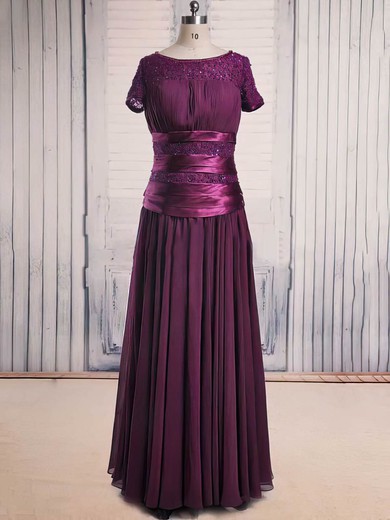 Scoop Neck Elegant Lace Chiffon with Beading Purple Short Sleeve Mother of the Bride Dress #01021563