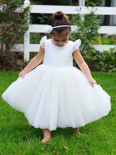 Scoop Neck Ivory Tulle Lace Covered Button Beautiful Ball Gown Flower Girl Dress #01031795