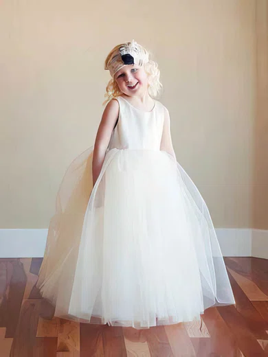 Floor-length Covered Button Tulle Ruffles Scoop Neck Ivory Flower Girl Dress #01031796