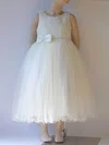 Unique Ivory Scoop Neck Satin Tulle with Bow Tea-length Flower Girl Dress #01031807