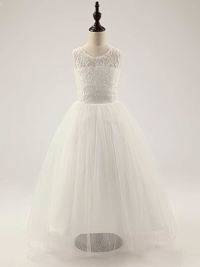 Ivory Scoop Neck Lace Tulle with Ruffles Cute Floor-length Flower Girl Dress #01031812