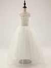 Ivory Scoop Neck Lace Tulle with Ruffles Cute Floor-length Flower Girl Dress #01031812