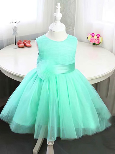 Online Scoop Neck Satin Tulle with Bow and |Flower(s) Tea-length Flower Girl Dress #01031814