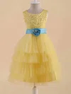 Floor-length Yellow Satin Tulle with Blue Sashes / Ribbons Scoop Neck Flower Girl Dress #01031822