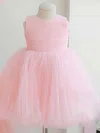 Pink Scoop Neck Tulle Elastic Woven Satin with Bow Back Ankle-length Flower Girl Dress #01031824