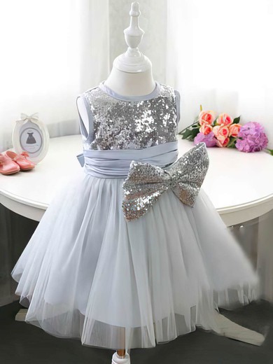Beautiful Tea-length Silver Tulle Sequined with Bow Scoop Neck Flower Girl Dress #01031834